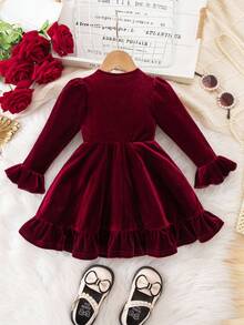 Elegant Burgundy Velvet Long Sleeve Dress, Babygirl - Burgundy - View 3