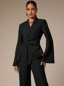 Silquee Fashionable Elegant Commuter Solid Color Tie-Wrap Blazer In Fall/Winter - Black - View 4