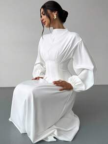 Firerie 女士优雅白色系带立领荷叶边灯笼袖 A 字中长连衣裙，适合工作、办公室、度假和浪漫场合，春夏秋季，白色毕业礼服，复古连衣裙 - 白色 - 查看 3