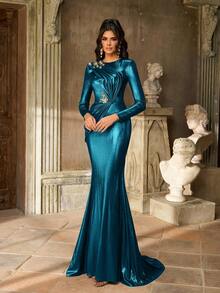 Aureia Đầm dạ hội trang trọng dành cho nữ, cổ tròn, tay dài, vai rộng, xếp ly, viền đuôi cá, họa tiết hoa 3D thủ công màu nâu sẫm sang trọng, thanh lịch - Màu xanh ngọc - Xem 6