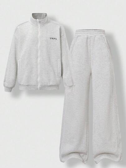 SHEIN Explorewe 2 件套幼儿男童浅灰色休闲运动夹克，立领，前拉链，装饰口袋，搭配宽松运动裤，面料柔软，适合秋季、冬季、春季穿着，适合户外、学校、休闲日常穿着