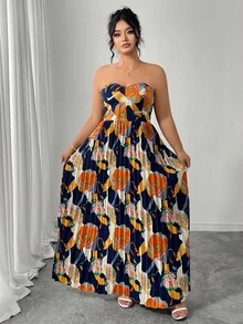 Elenzga 大码女式优雅浪漫花卉印花露肩A字型长裙，夏季度假风 - 藏蓝色 - 查看 6