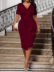 SHEIN Lady 2025 New Spring And Summer Elegant Elegant Retro Work Wedding Reception Valentine's Day New Year's Party Knitted Depp V Neck Rhinestone Ruffle New Arrival Slim Dress Plus Size Dress Formal Prom Dress Plus Size Dress  Burgundy Plus Size Dress Wine Red Dress Halloween Costume New Year Outfit Christmas Clothes