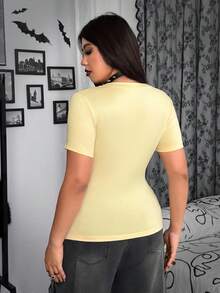 Whyspr Grunge Punk Halloween V-Neck Punk Print Rhinestone Embellished Tight Crop Top - Light Yellow - View 2