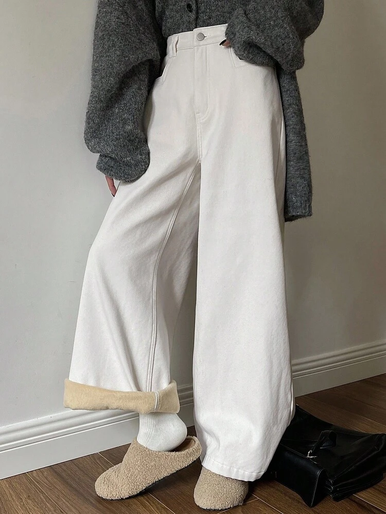 Women's White Thermal Lined Straight Leg Jeans, Casual Long Pants Thermal Lined,Winter