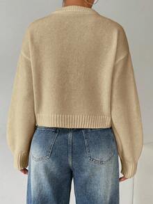 EMERY ROSE Women's Solid Color Simple Casual Crew Neck Long Sleeve White Sweater - Apricot - View 2