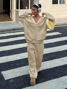 Muchica Women's Cream Yellow Casual Loose Sweatshirt Set, Autumn New Arrival Tan Outfit Women Neutral Clothes For Women