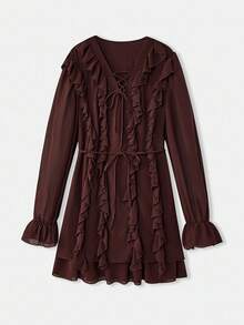 Maija Blusa elegante de manga larga con diseño de lazo y volantes en el bajo, de unicolor para mujer