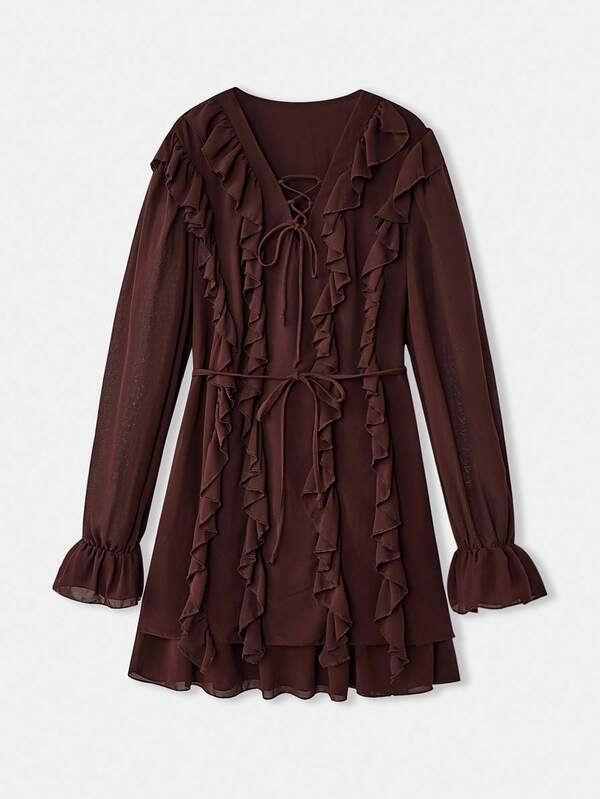 Maija Women's Solid Color Tie-Up Design Ruffle Hem Long Sleeve Elegant Blouse Modern Vacation Nomadic Casual Fashion All-Match Women's Country Concert Clothing Western Style Women's Clothing Nomadic Style Bohemian High-End Elegance All-Match Country Concert Clothing Ruffle Stitching Design Decorative Embellishment  Country Concert, Western Style Clothing, High-Grade Fabric, Comfortable And Breathable Fall Clothes