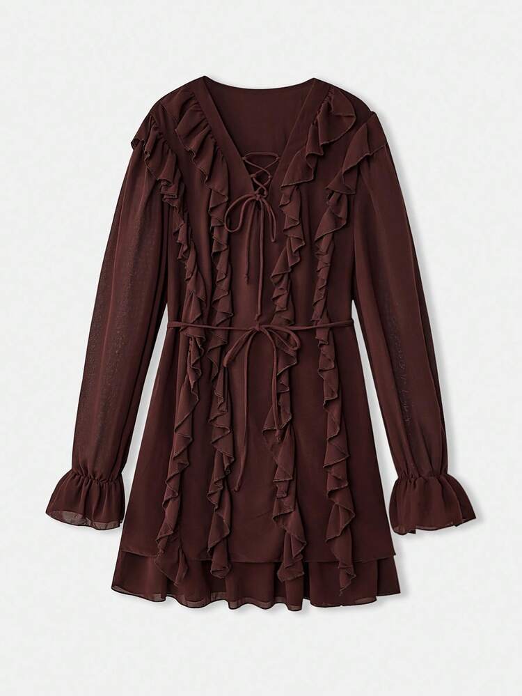 SHEIN Maija Women's Solid Color Tie-Up Design Ruffle Hem Long Sleeve Elegant Blouse Modern Vacation Nomadic Casual Fashion All-Match Women's Country Concert Clothing Western Style Women's Clothing Nomadic Style Bohemian High-End Elegance All-Match Country Concert Clothing Ruffle Stitching Design Decorative Embellishment  Country Concert, Western Style Clothing, High-Grade Fabric, Comfortable And Breathable Fall Clothes