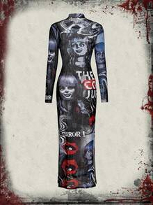 The Conjuring X ROMWE Horror Halloween Figure Graphic Mesh Sheer High Slit Dress - Multicolor - View 2