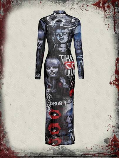 The Conjuring X ROMWE Horror Halloween Figure Graphic Mesh Sheer High Slit Dress