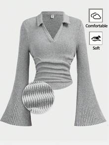 Girlism 少女纯色荷叶边袖短款T恤 - 灰色 - 查看 1