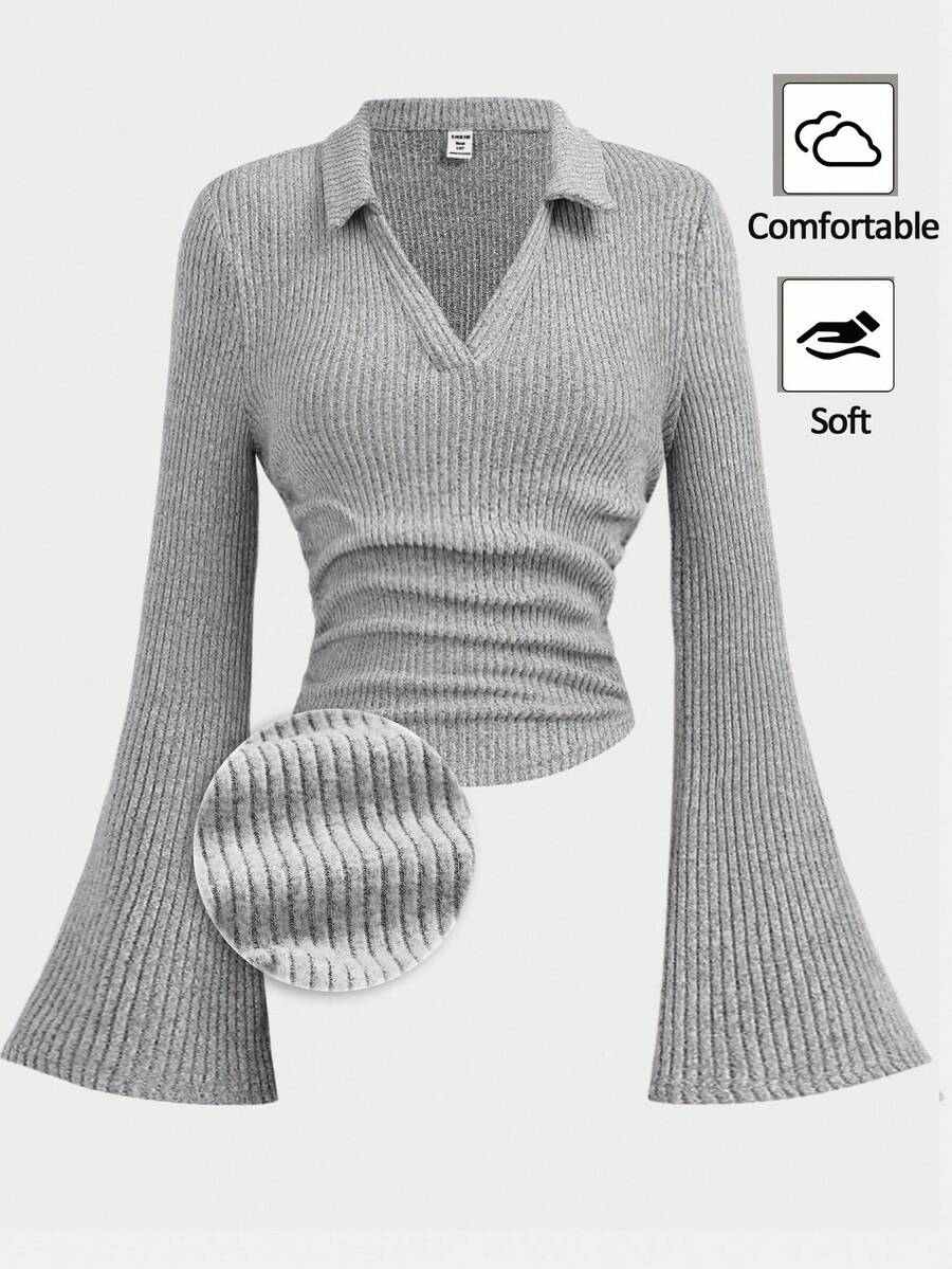 Girlism 少女纯色荷叶边袖短款T恤 - 灰色 - 查看 1