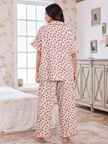 CottageSlumber Bubble Floral Print Open Front Collar Plus Size Pajama Set - Red - View 3