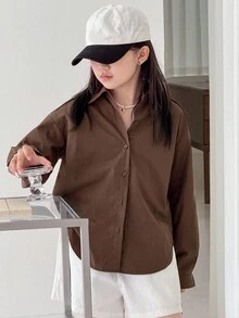 DAZY Tween Girls Casual Shirt With Backside Cutout And Bow Design, Versatile And Fashionable For Everyday Wear Long Sleeve Tops Girl - Brown - View 6