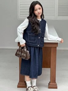 Dazy Kids 2 件套青少年女孩牛仔无袖夹克 + 牛仔裙套装，秋季 - 藍色 - 查看 2