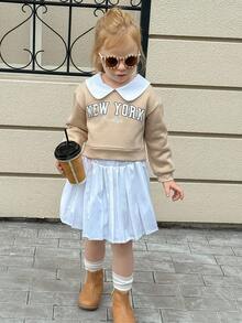 Playful Pals Young Girl Casual Lapel Drop Shoulder Front English Slogan Print Back Snap Button Elastic Waist Long Sleeve Set, Autumn/Winter Fall Clothes - Khaki - View 10