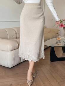 DAZY Váy len chắp vá tối giản màu trơn dành cho nữ mùa thu/đông - trắng - Xem 3