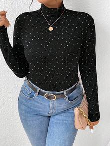SHEIN Frenchy 大码女式休闲简约全宽白色波尔卡圆点印花图案高领长袖 T 恤女式黑色 T 恤长袖上衣女式长袖上衣波尔卡圆点上衣 - 彩色 - 查看 4