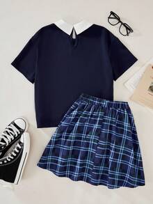 SHEIN Explorewe 2pcs Set Vintage Academic Style Plaid Pattern T-Shirt With Pleated Skirt, Suitable For Girls, Summer School & Casual Wear
