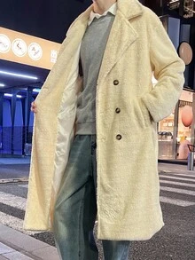 Manfinity Hypemode Men's Casual Versatile Solid Color Double-Breasted Overcoat, Autumn/Winter Cream Men Long Coat - Beige - View 5