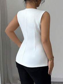 Elenzga 加大码优雅编织面料精致法式风格简约别致通勤百搭舒适前开式收腰背心，修身，女式夏季西装外套 - 白色 - 查看 2