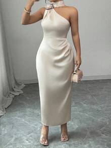 Elenzga 大码不对称缎面荷叶边连衣裙，优雅分层紧身性感连衣裙，适合多种场合，春夏季别致度假连衣裙 - 杏色 - 查看 6