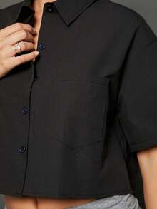 WESTFADE 100% Cotton Casual Cropped Button-Up Boxy Shirt - Black - View 12