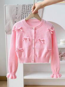 SHEIN Playful Pals Girls Handmade Bow Knitted Sweater Cardigan, Autumn/Winter Fall