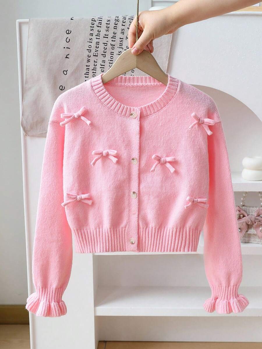 SHEIN Playful Pals Girls Handmade Bow Knitted Sweater Cardigan, Autumn/Winter Fall