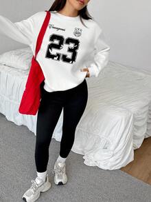SHEIN EZwear 2 件套休闲简约运动风格返校学院风字母和数字 23 徽章印花宽松圆领运动衫和紧身打底裤/裤子，适合秋冬季 - 彩色 - 查看 6