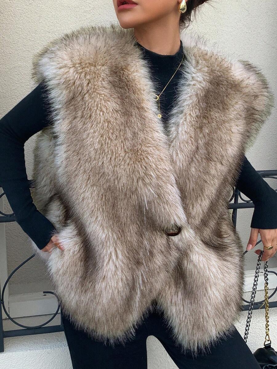 DAZY 女士 V 领宽松休闲无袖蓬松背心冬季夹克背心仿皮草大衣 - 駝色 - 查看 1