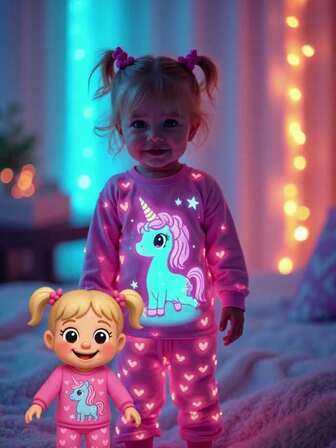 SHEIN Perso Play Set de pijama de 2 piezas con body y leggings con estampado de unicornio lindo para bebés niñas