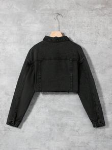 SHEIN Teen Girl Ripped Flap Pocket Raw Hem Trim Button Crop Denim Jacket