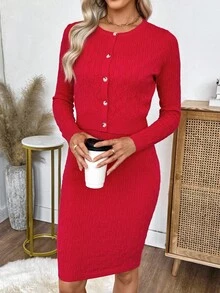 Bộ 2 món váy yếm trơn màu thanh lịch và áo khoác cardigan dành cho nữ - Đỏ - Xem 8