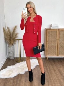 Bộ 2 món váy yếm trơn màu thanh lịch và áo khoác cardigan dành cho nữ - Đỏ - Xem 3