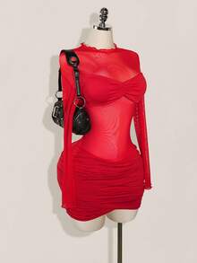 SHEIN ICON 女式纯色网眼拼布透明褶饰长袖迷你连衣裙 - 紅色 - 查看 4