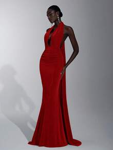 Elitara Elegant, Romantic, Sexy, Minimalist, Green, Knitted Fabric, Halter Neck, Cinched Waist, Mermaid Hem, Fashionable, Influencer Style, Holiday, Vacation, Birthday Party, Wedding Event, Bridesmaid Dress - Burgundy - View 2