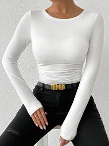 Zielony 女士圆领长袖加厚修身 T 恤，春夏季 T 恤 - 白色 - 查看 5