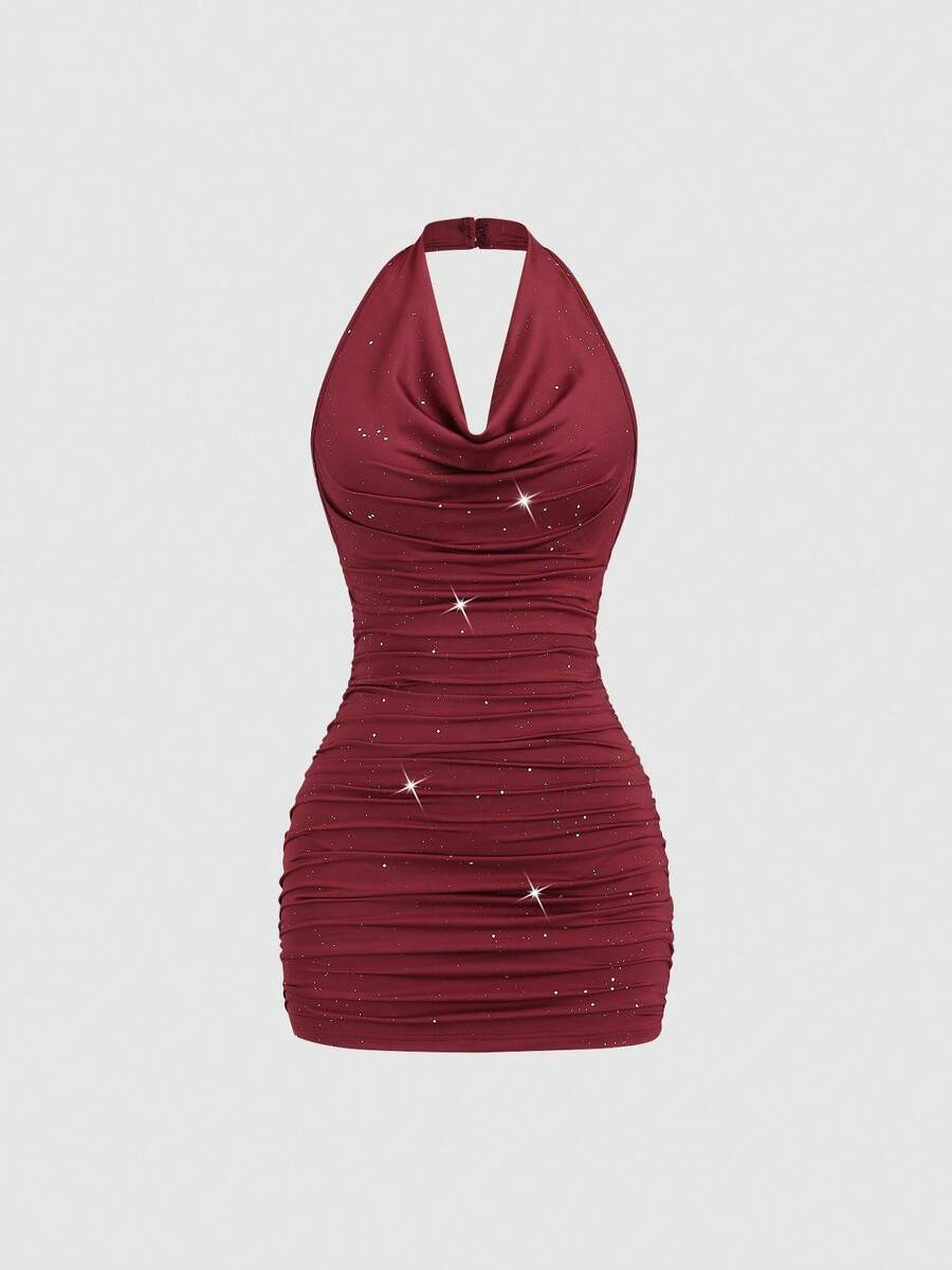 Sweetra Vestido ajustado brillante con espalda descubierta y cintura fruncida, adecuado para el uso diario, graduación, fiesta del Día de la Independencia - Burdeos - Ver 1