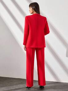 CLARA VERO Women's Red Gold Button Front Seam Detailed Wide Leg Good Quality Elegant Three Pieces Suit Set - Red - View 2