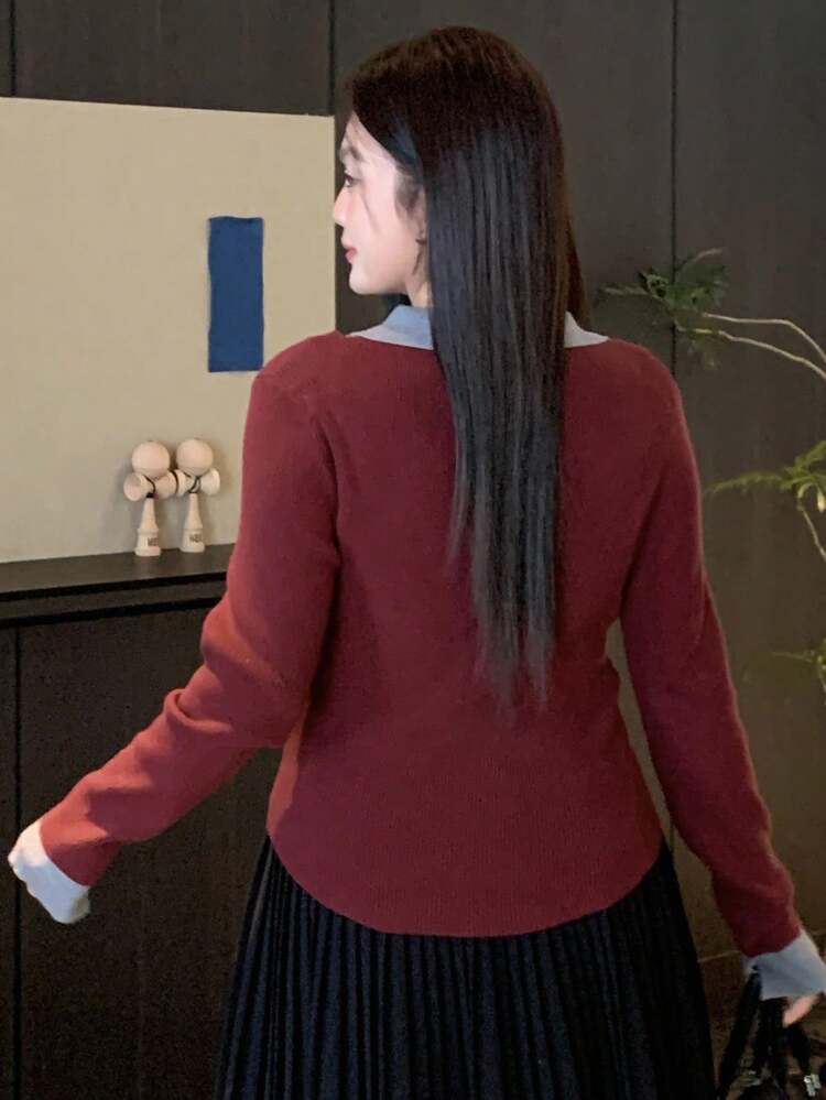 Dazy Plus Valentine Christmas & New Year Color Block Patchwork Shirt Collar 2 In 1 Casual Plus Size Women Embroidery Pattern Fashion Autumn Pullover Sweater