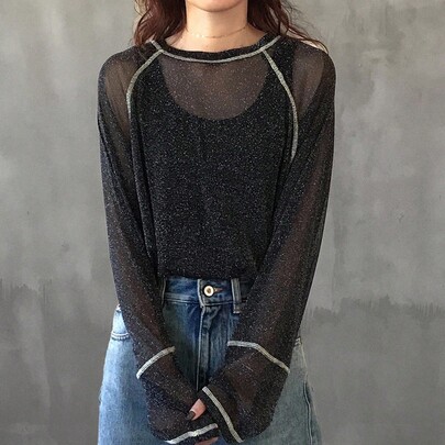 여성용 시어 패션 라운드넥 긴소매 탑