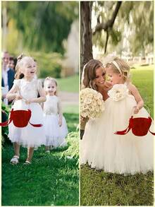 SHEIN 1PC Red Bow Faux Pearl Satin Flower Basket For Wedding Party Decoration New Year Gift Home Decor Bridal Bouquet Centerpiece - Red - View 9