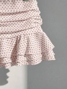 Elamini Fashionable Pleated Layered Decor Sweet Design Mini Skirt Charming Ruffled Polka Dot Vacation Style A-Line Skirt - Pink - View 6
