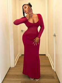 BamGleam Váy bó sát màu trơn dành cho nữ có đường viền lưới, tay dài gợi cảm - Màu Đỏ Sâu - Xem 4