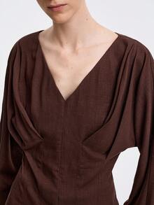 Aalyst Women's Elegant Linen V-Neck Blouse With Ruched Details, Relaxed Fit, Suitable For Casual, Work, And Vacation, Spring/Autumn - Brown - View 4