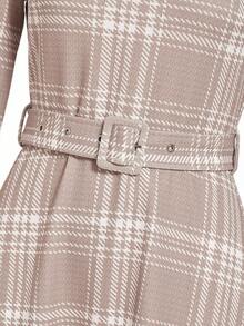 Ellevyn 大码女式圆领七分袖格子腰带设计优雅连衣裙 - 彩色 - 查看 5