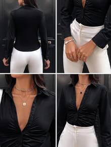 EURMUSE Cotton Solid Ruched Button Front Shirt - Black - View 7